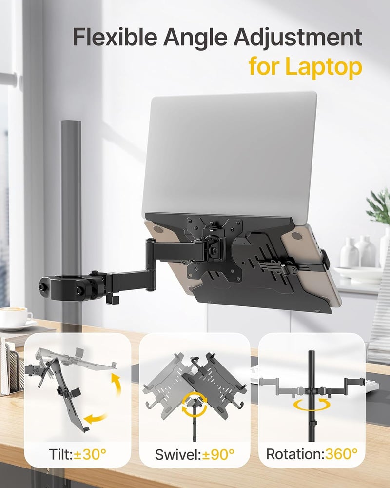 Montek 2-in-1 Universal Laptop Pole Mount Tray for 10”- 15.6” Notebook or 17”-32” Monitor, Full Motion Laptop Mount with Removable 75/100mm VESA Plate, Fits 1.1”-2.4” Pole Diameter, Black - Image 4
